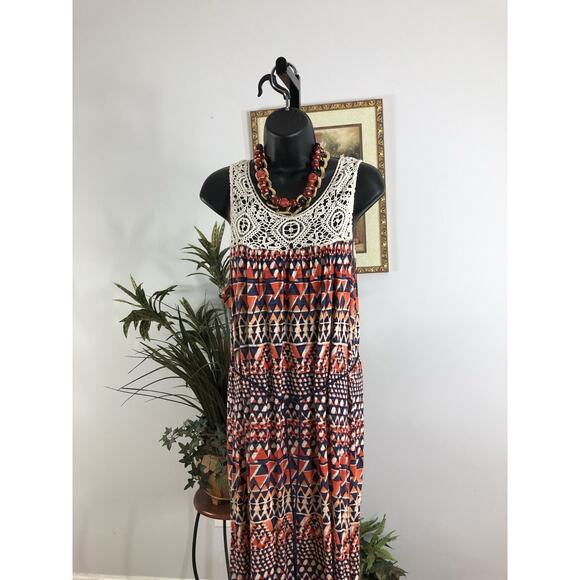Lucky Brand Women M Maxi Dress Sleeveless Crochet Artsy Boho Geometric Pullover - Picture 2 of 8